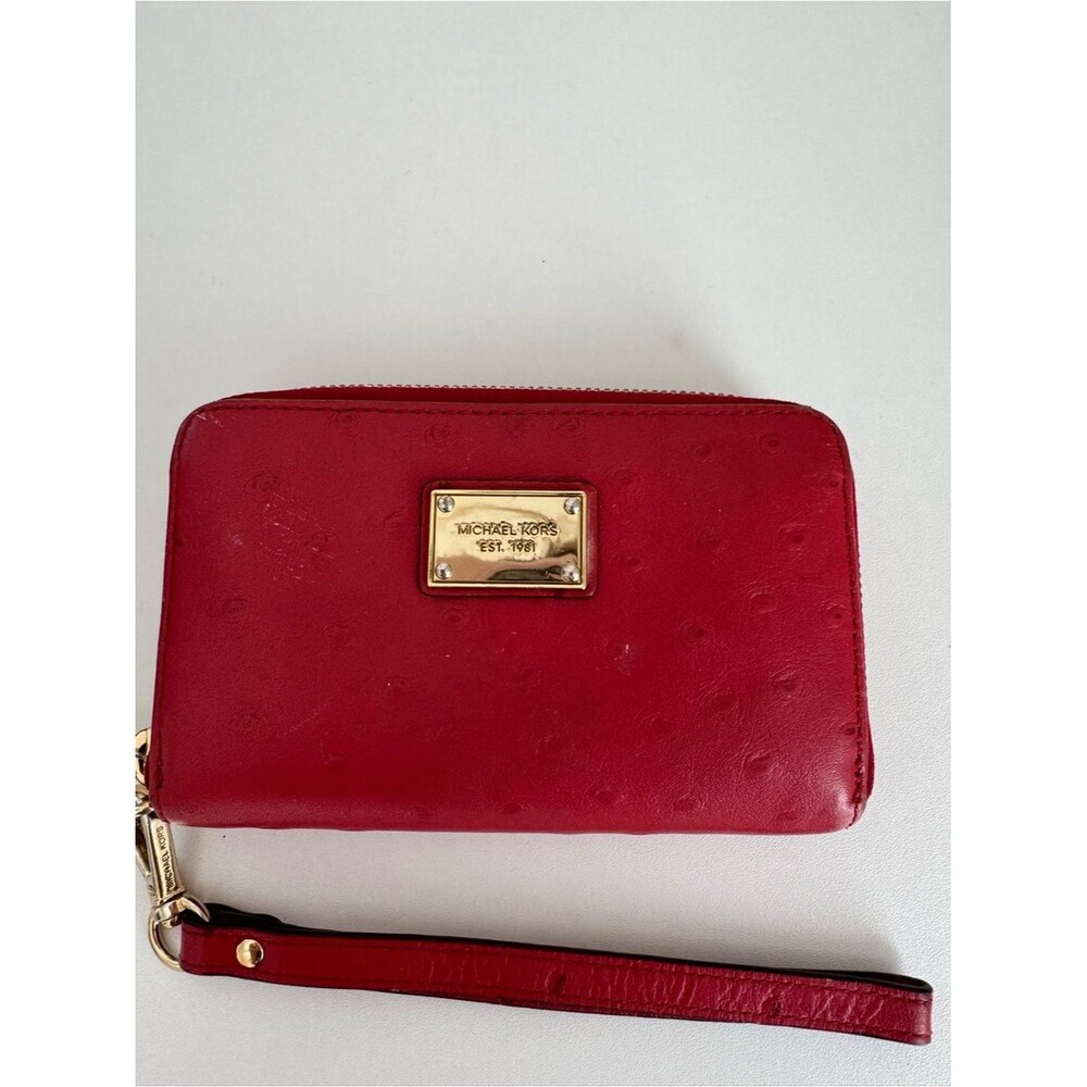Michael Kors Red Ostrich Embossed Zip Leather Wristlet